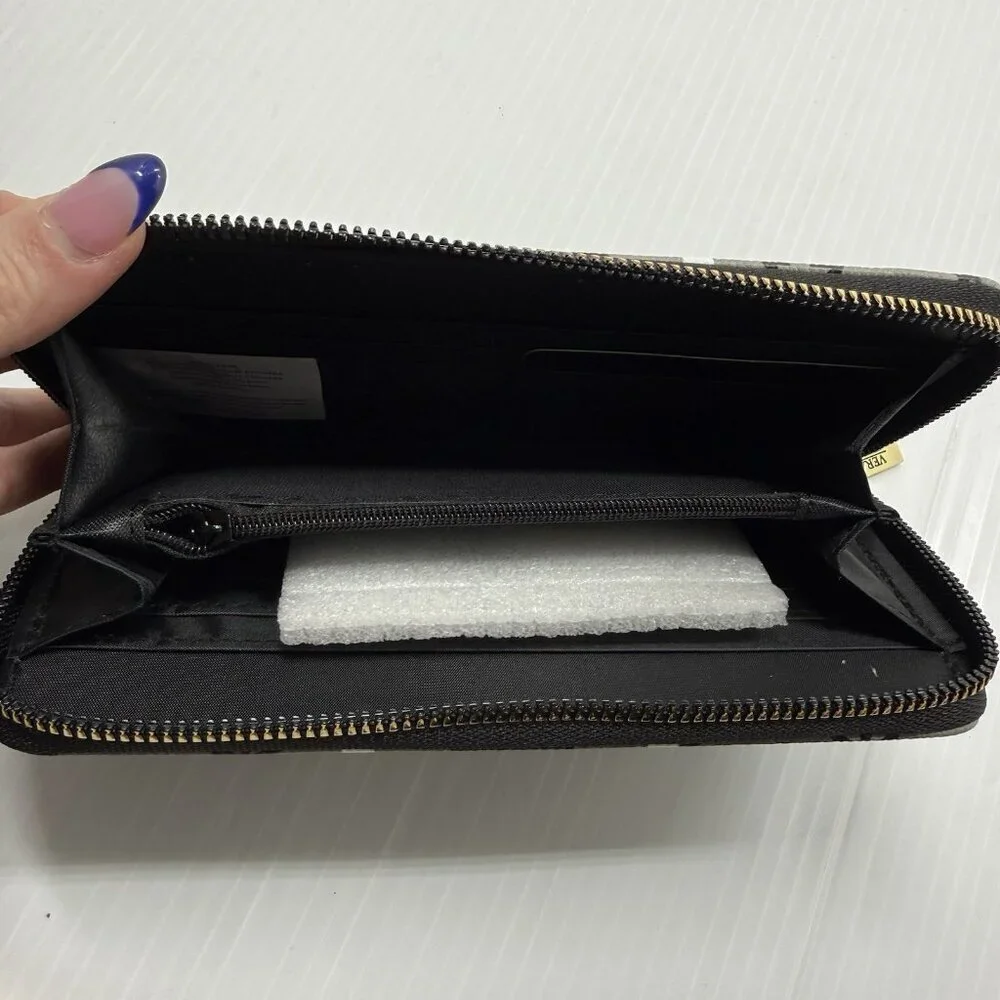 Vera New York Signature Zip Around Wallet Black Logo Stripe NWT